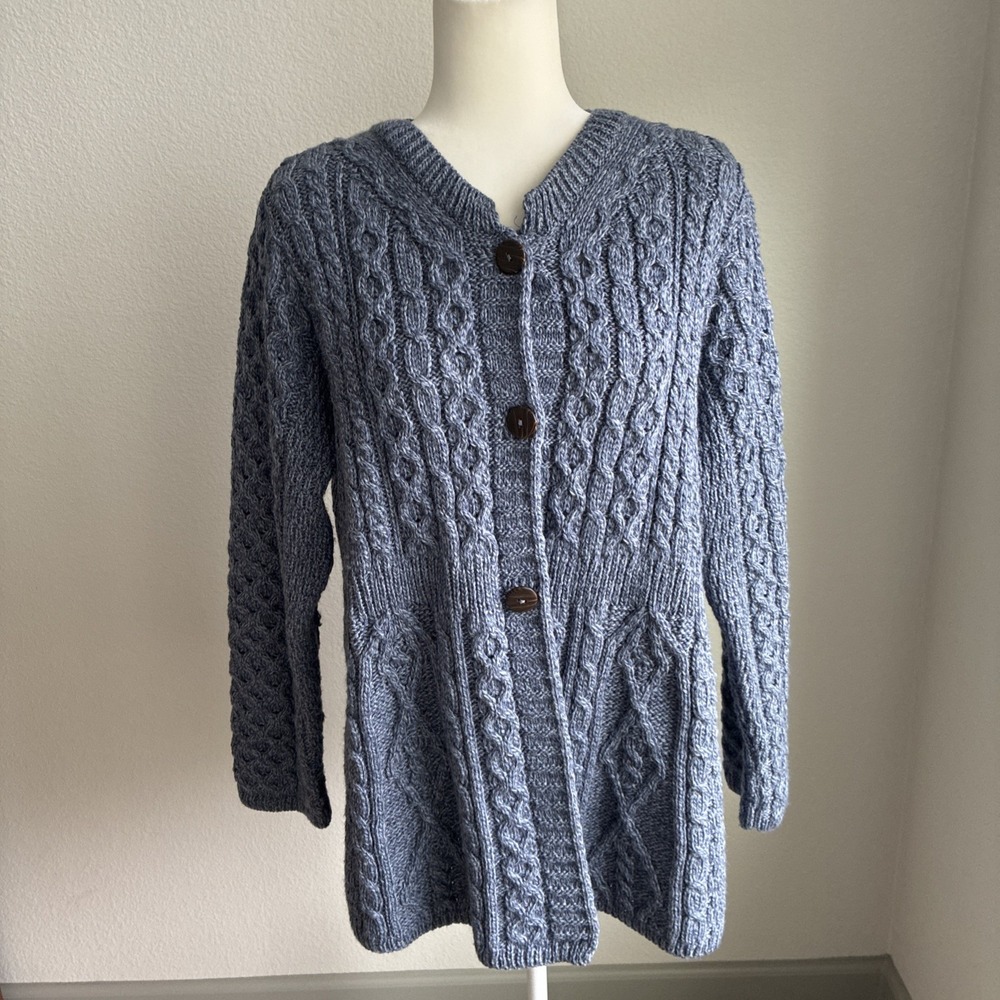 Shannon Woolen Mills Cardigan Women's 1X Blue Merino Wool Cable Knit Ireland